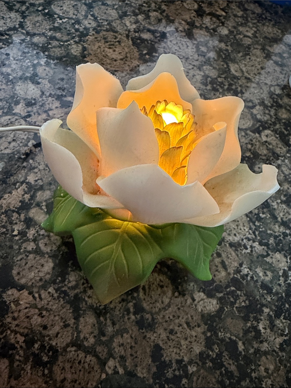 White Ceramic Lotus Flower Night Light with Green Leaves